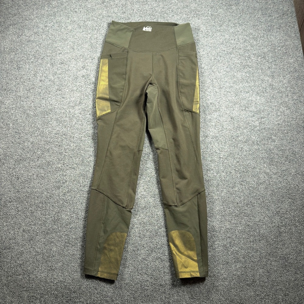 REI Co-op Leggings Women Small Olive Green Metallic Gold Accent Pockets